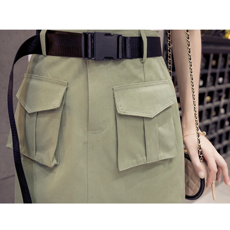 

Tooling Pockets Skirt Women Skirts Korean Fashion Sashes Woman Skirts High Waist Mini Skirt Summer Jupe Short Femme