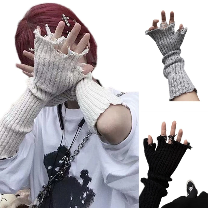 

Punk Tattered Gloves Knit Fingerless Sleeves with Thumb Hole Elbow Length Mitten 35EF