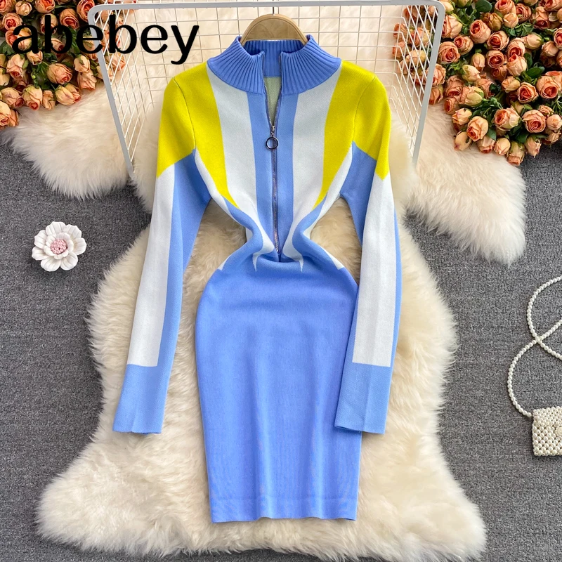 

Women Korean Knitted Dress Zipper Stand Collar Long Sleeve Slim Sheath Dress Autumn Winter Bodycon Warm Sweater Dress