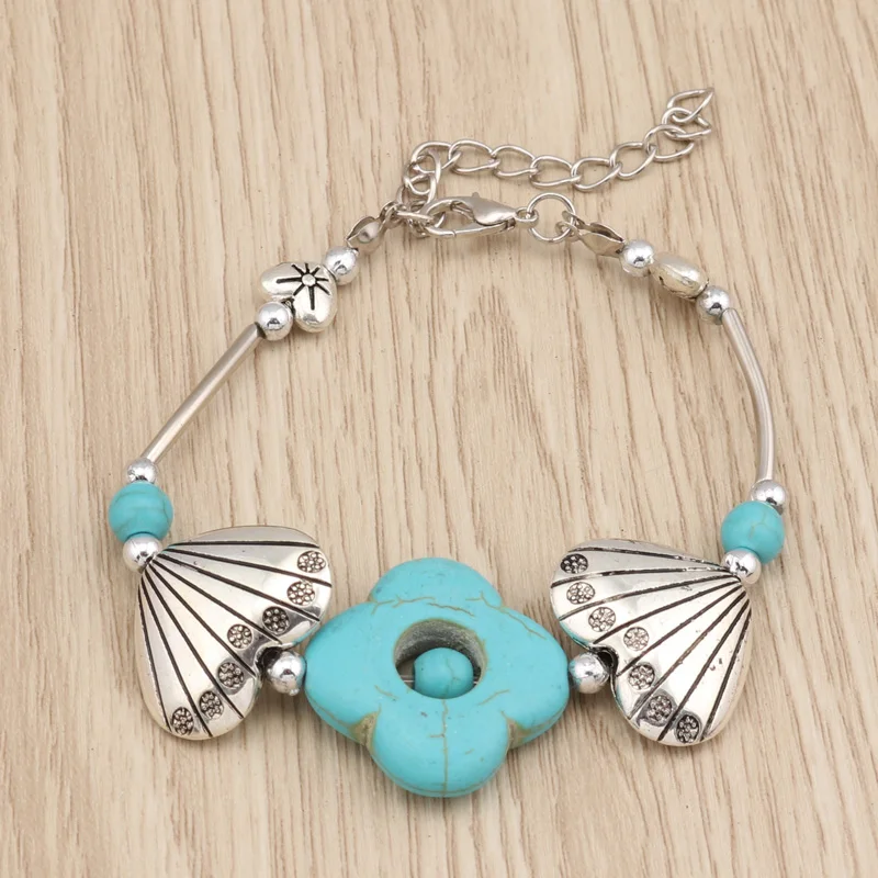 

Bohemian Antique Silver Shell Hearts Turquoise Flowers Bracelets & Bangles for Women Girls Vintage Tribal Jewelry Gifts Bijoux