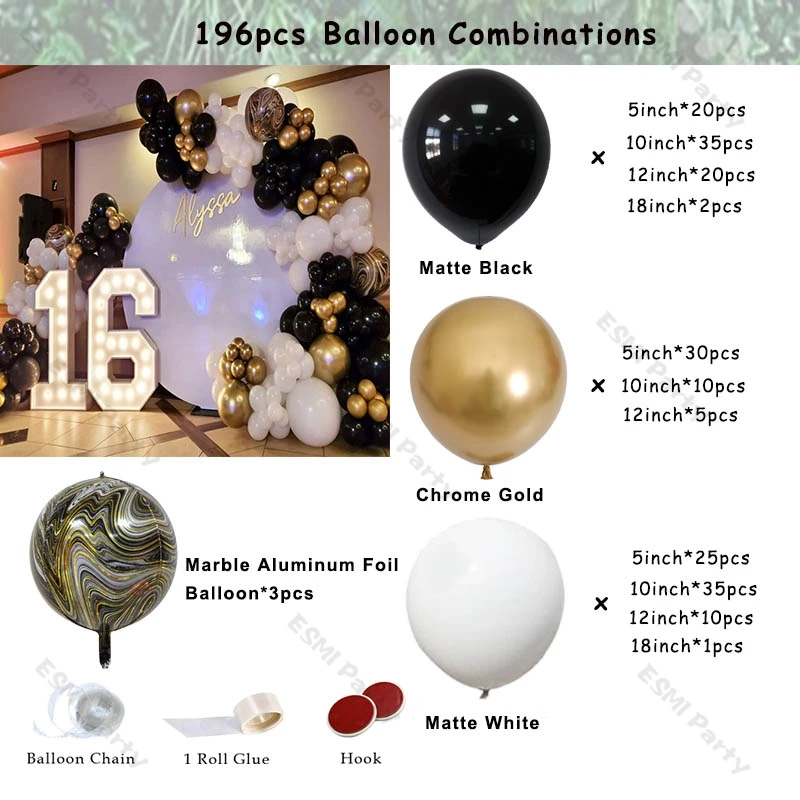 Guirnalda de globos de color blanco y negro mate, cadena para decoraci&oacute;n de fiesta de cumplea&ntilde;os DIY, arco de Globos de Oro cromado, accesorio de decoraci&oacute;n de boda, 196 piezas-1
