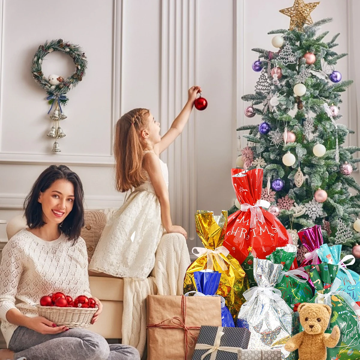 Bolsas de regalo con cord&oacute;n para Navidad, 30 unidades, 10 dise&ntilde;os diferentes, para envolver regalos surtidos, con etiquetas de nombre-2