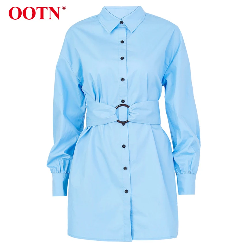 OOTN, отложной воротник, синяя туника, платье-рубашка, женское платье с длинным рукавом и поясом, офисное женское мини-платье, Осень-зима, повседневное белое платье