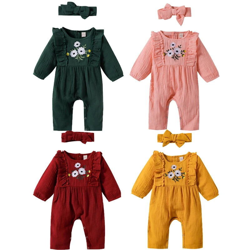 

Повседневный Комбинезон для маленьких девочек 0-18 месяцев, комбинезон с цветочной вышивкой, длинным рукавом, круглым вырезом и оборками + по...