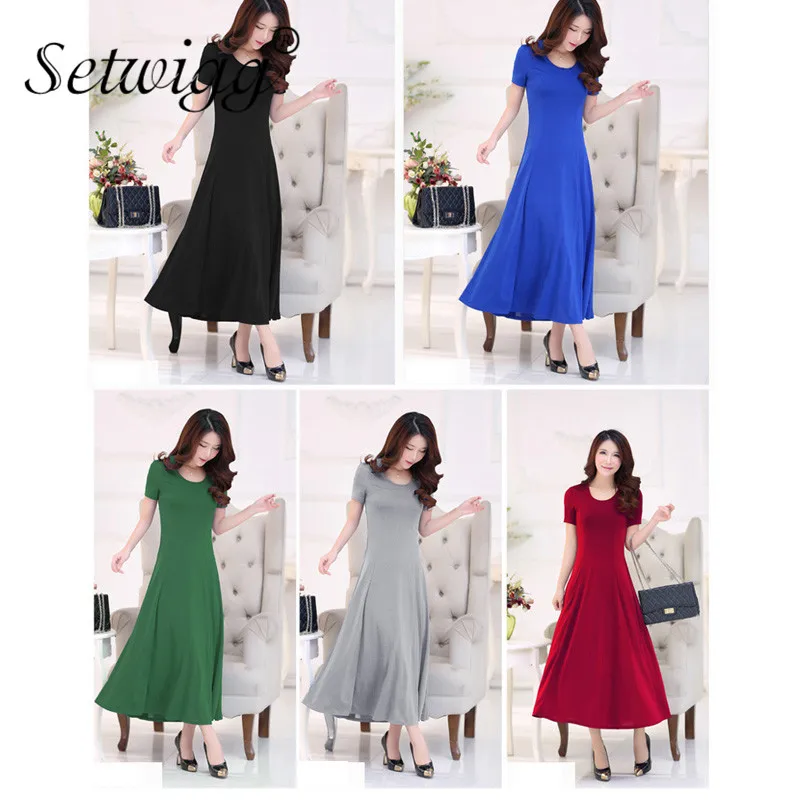 

SETWIGG Spring Summer Solid Short Sleeved Fit & Flare Maxi Long Dress O Neck Single-piece Pleated Flared Ankle Length Dress