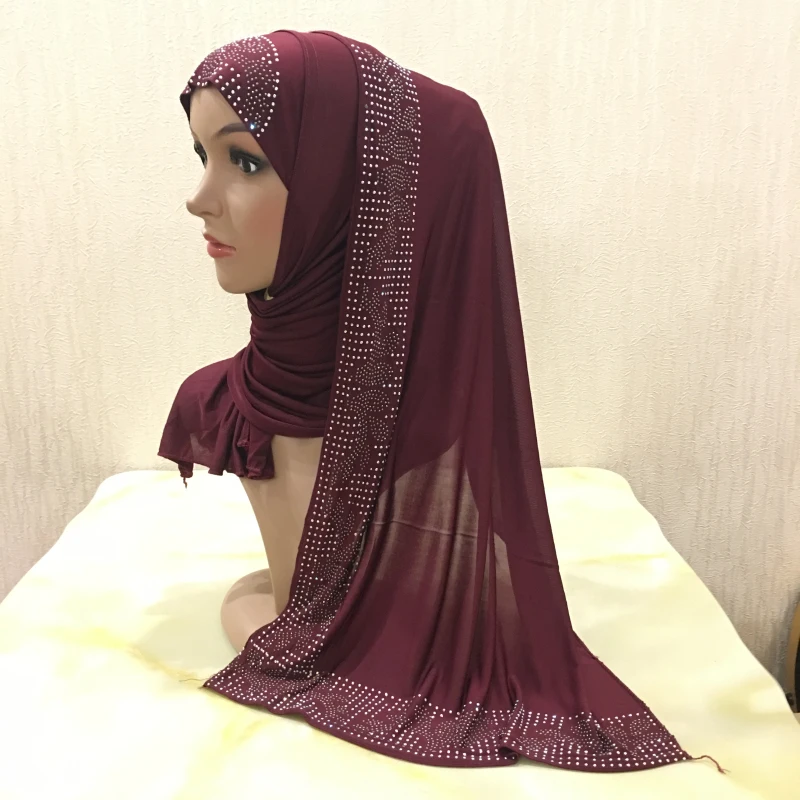 12 Цветов одна петля Щепка Стразы полиэстер Hijab шарф Мусульманский Исламский головной Обёрточная Бумага Обложка Одноцветный шарф