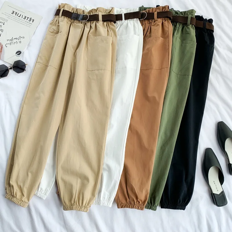 

Harajuku Streetwear Cargo Pants Vintage Chic Sashes Loose Casual Solid Trousers Preppy Style Elastics Waist Joggers Sweatpants