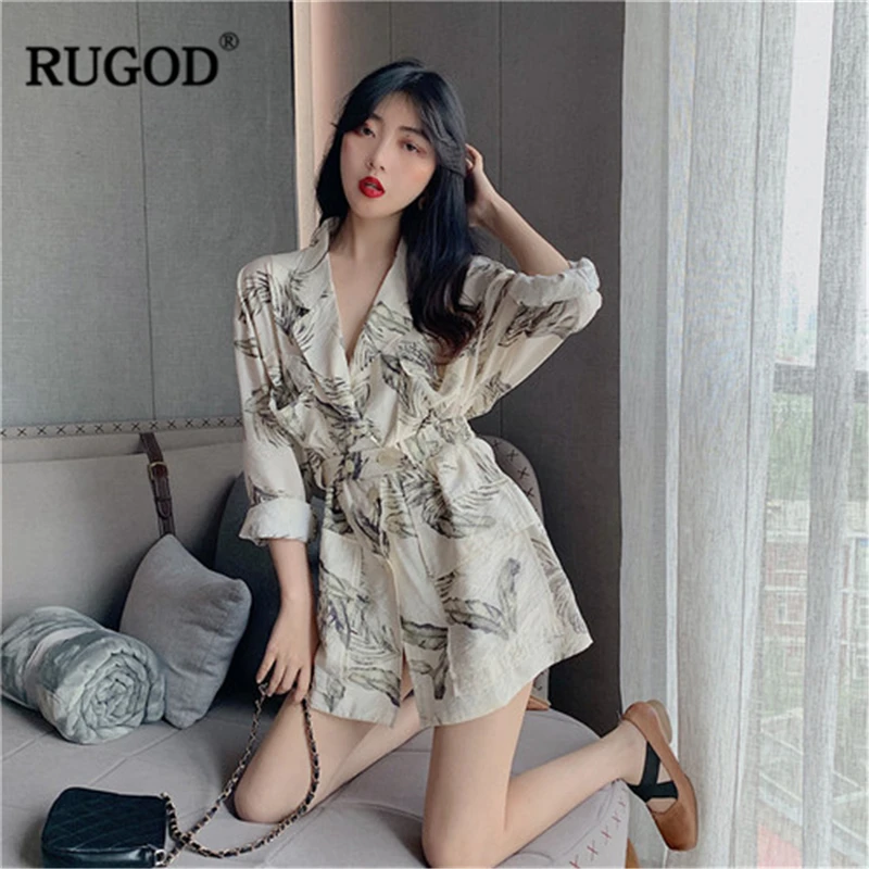 RUGOD New Women Thin Blazers Cotton And Linen Pockets Casual Coat Stylish Print Oversize Tunic Blazer Buttons Temperament