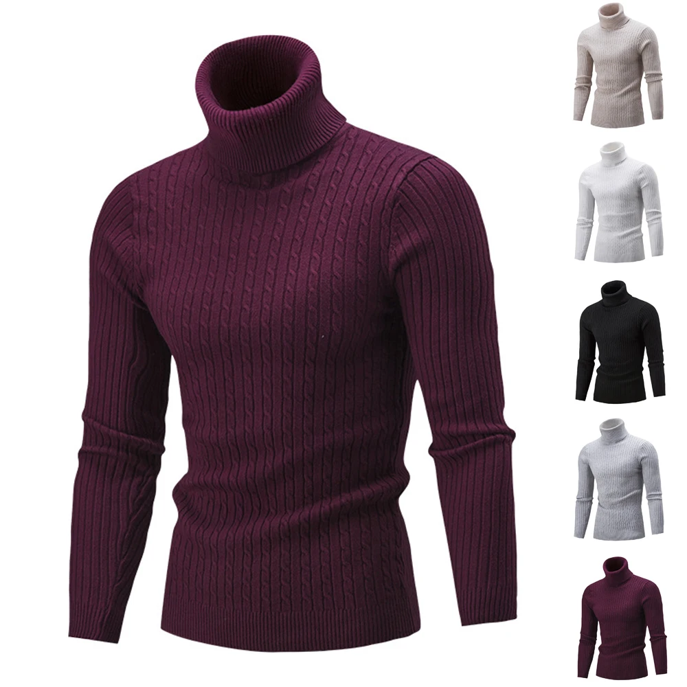 Fall Winter Men's Casual Slim Turtleneck Sweater Rollneck Warm Long Sleeve Knitted Thermo Jumper Tops Knitwear Plus Size Male