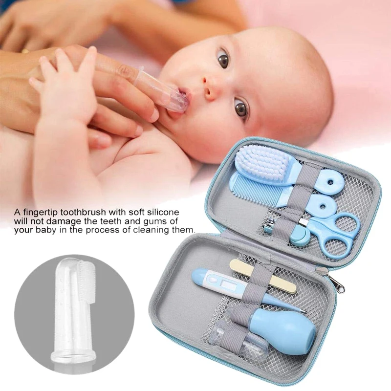 

Baby Care Kit, 8 Pcs Convenient Healthcare Grooming Set Nail Clipper Manicure Scissors Nose Cleaner Hair Brush Comb Essential Da