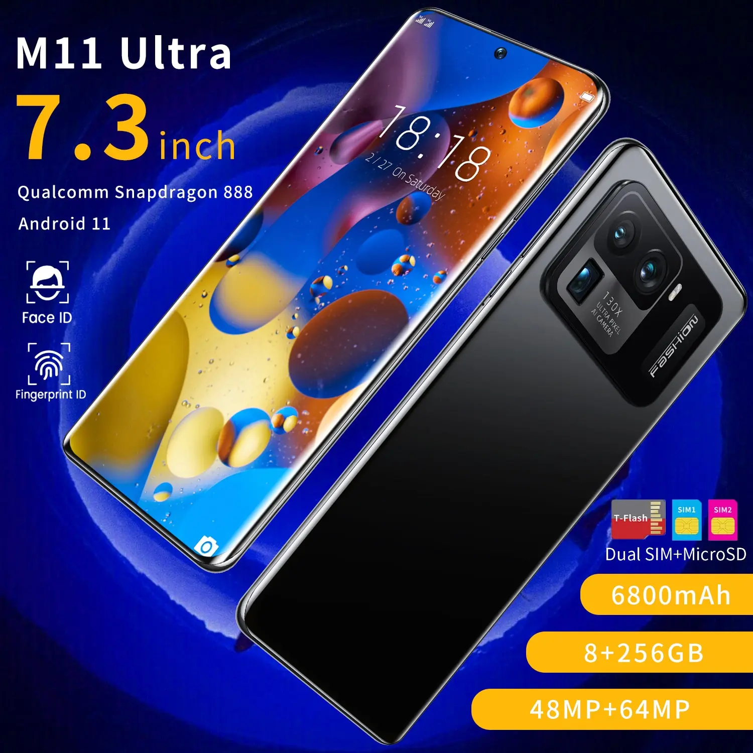 

M11 Ultra 7.3 Inch 256gb/512gb 48 + 64mp Face Id Smartphones Dual Sim + Micro Sd 5g Qualcomm Snapdragon 888 Mobile Phone 6800mah