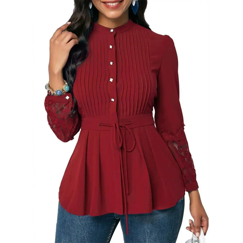 

Office Lady Plus Size Stand Collar Lace Stitching Cuff Waist Drawstring Shirt