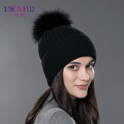 Женская шапка с помпоном ENJOYFUR, зимняя белая шапка-бини из шерсти и хлопка, с помпоном из натурального меха - Цвет: 01A