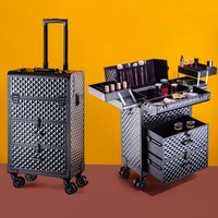 luxury professional makeup beauty artist suitcase black aluminum rolling barber toolbox vintage manicure embroidery trolley case