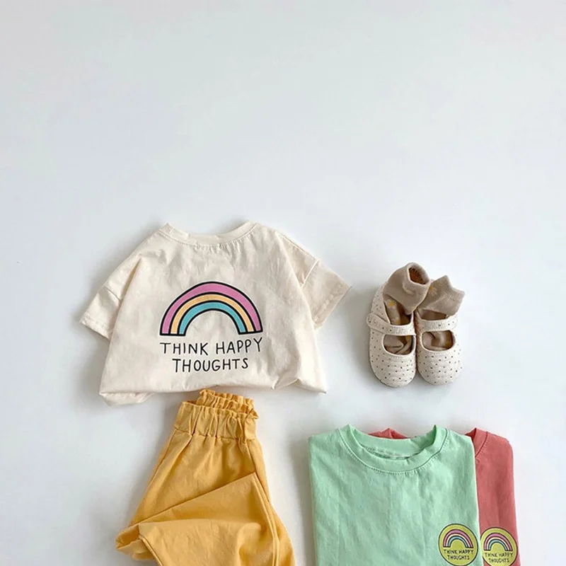 

2021Kids Summer Tops Casual T Shirt Candy Color Boys Girls Cartoon Print Tee Short Sleeve Rainbow Shirts