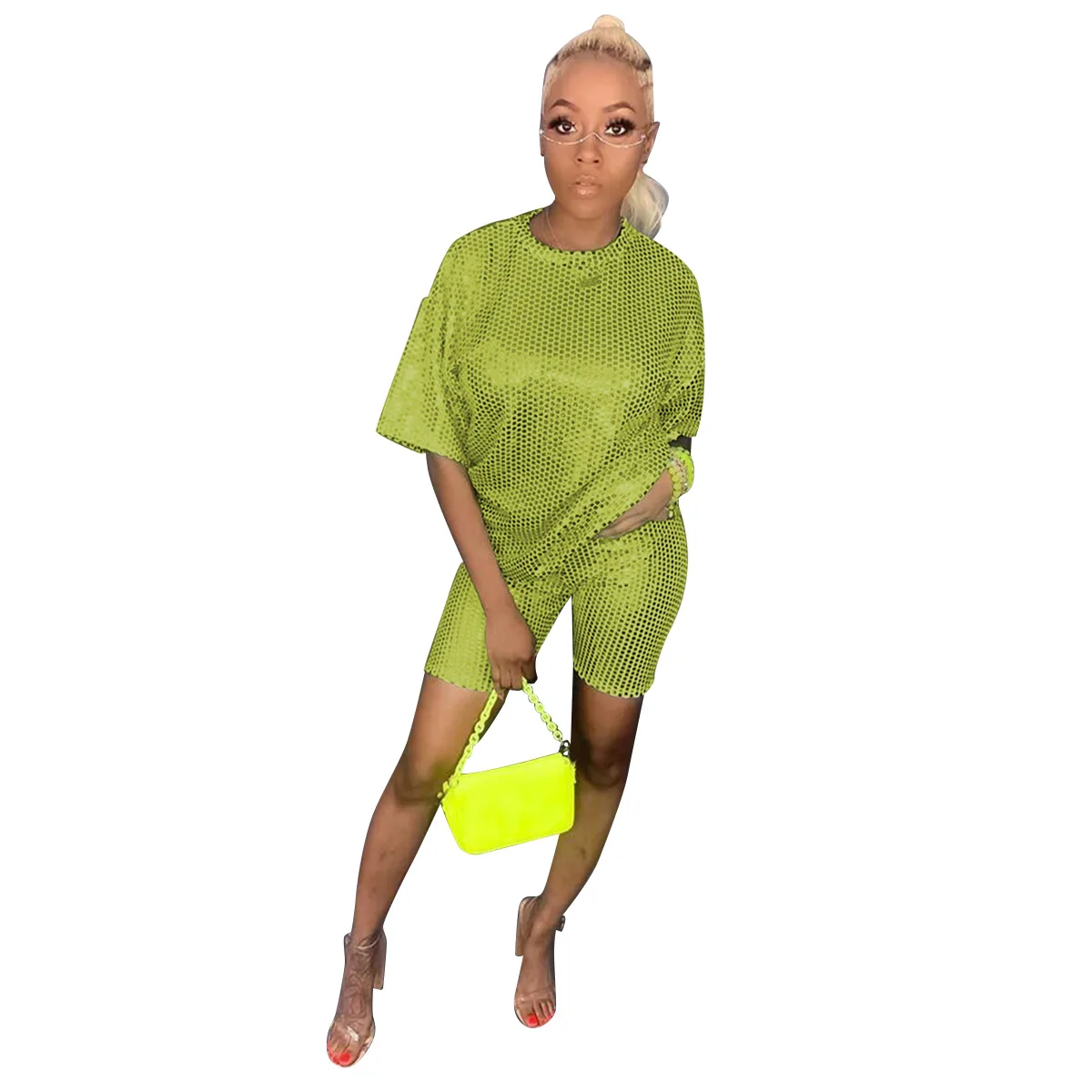 Новый осенний позолоченный Клетчатый Женский комплект футболка с коротким