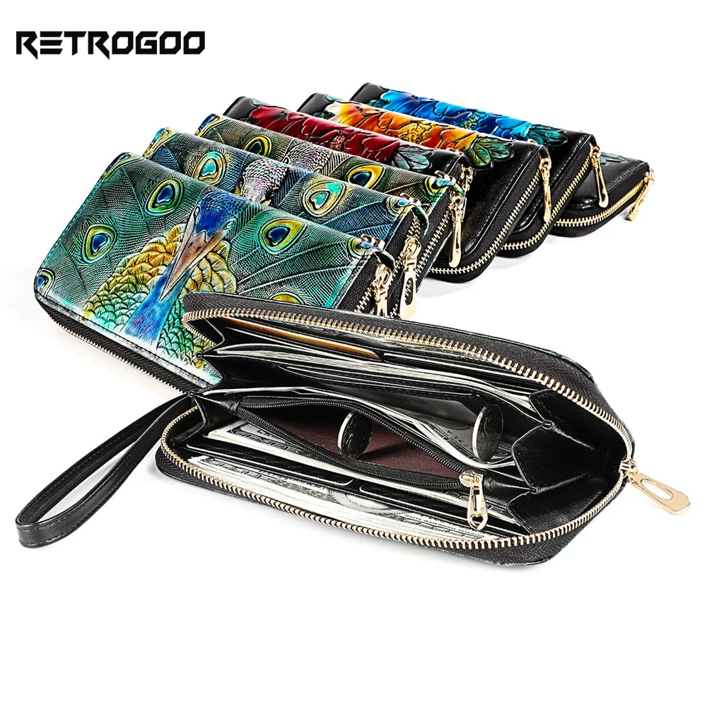 

RETROGOO Genuine Leather RFID Women Long Wallet Beautiful Flower Lady Purse Wrist Strap Bag New Fashion Female Wallet Cartera