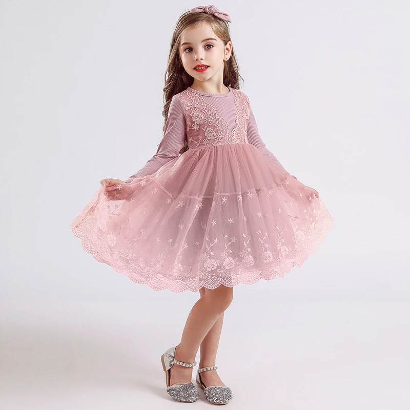 2 PINK Платье с длинными рукавами и цветочным рисунком для девочек; зимние рождественские платья; розовый костюм принцессы для девочек; одежда с цветочной аппликацией; одежда на год - Цвет: 2 PINK
