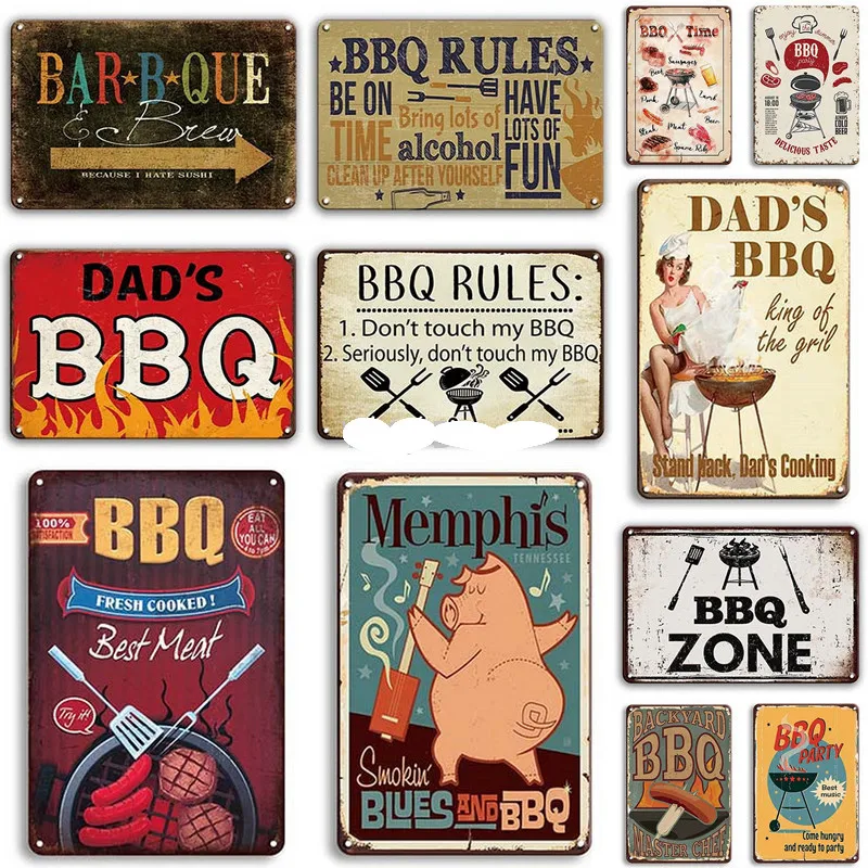

BBQ Signs Vintage Barbecue Metal Plaque Tin Sign Dad's BBQ Poster Decorative Metal Plates Room Wall Stickers Bar Pub Home Decor