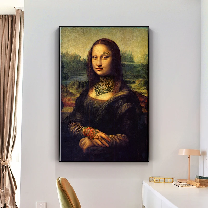 

Famous Da Vinci Funny Art Tattooed Mona Lisa Canvas Paintings Bad Girl Art Posters and Prints Wall Art Picture for Living Room