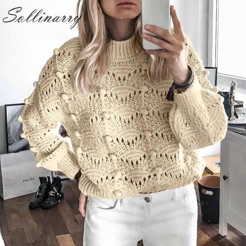 Sollinarry сливочно-белые осенние свитера с помпоном для женщин повседневный вязаный