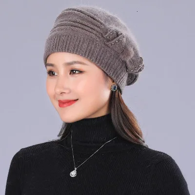 deep khaki Hat Mother's Nnew Year Gift Rabbit Knit Cap Scarf The Elderly Women's Autumn And Winter Warm Hat Scarf Female Winter Hat Twinset - Цвет: deep khaki Hat