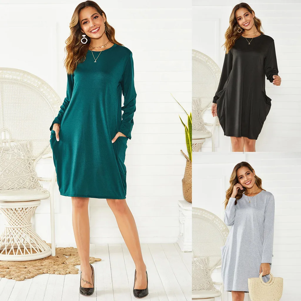 Новинка 2020 женское однотонное платье модное свободное с карманами повседневное