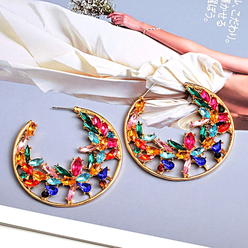 Винтажные круглые висячие серьги с цветными кристаллами металлические