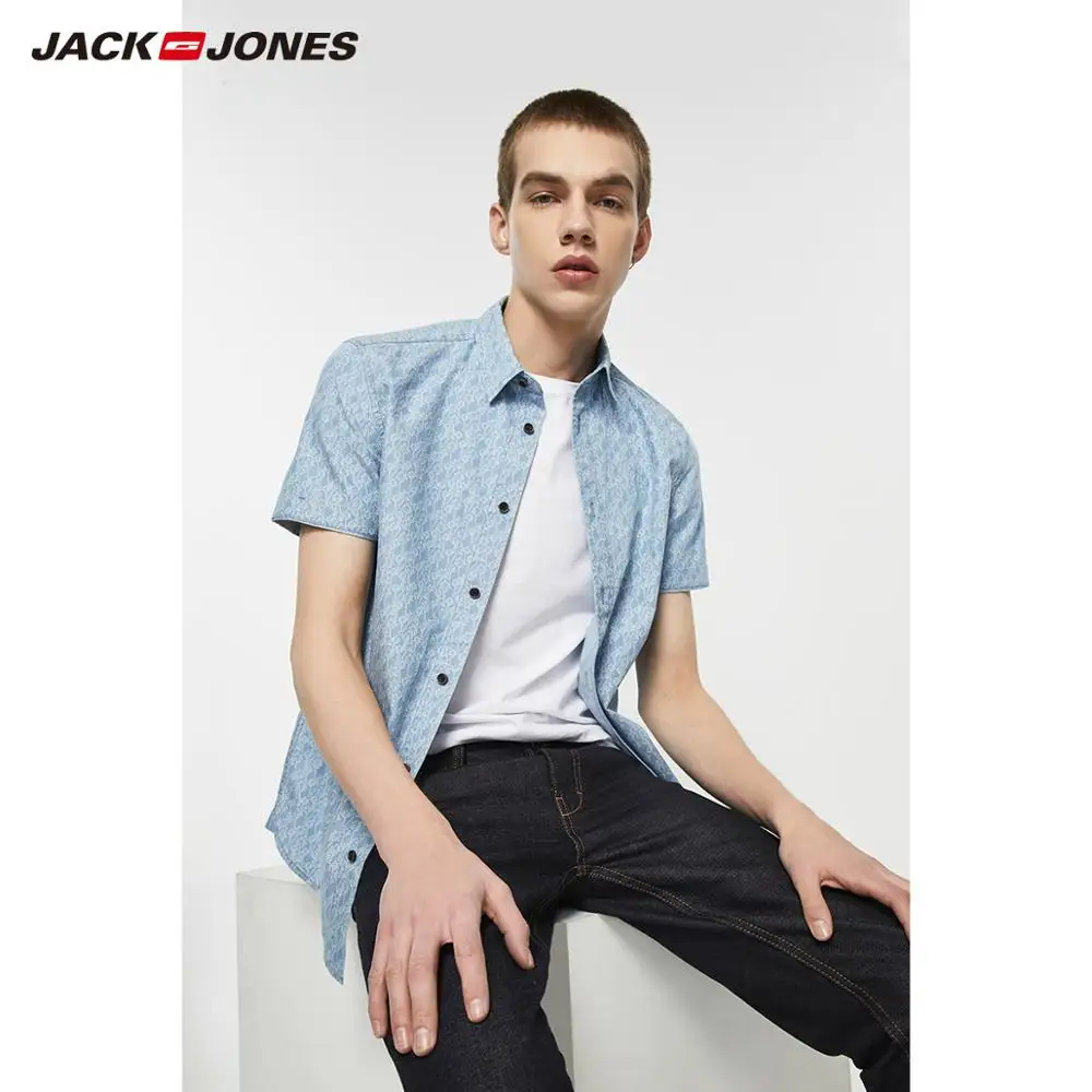 Мужская джинсовая рубашка JackJones 100% хлопок с короткими рукавами и принтом