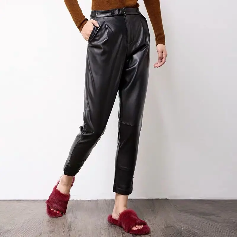 Women pants genuine sheep leather pants High waist black harem pants Elastic belt waist Trousers new fashion