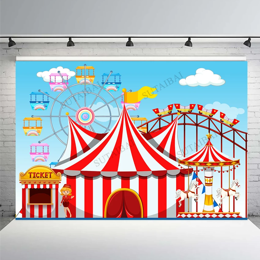 

Carnival Circus Backdrops Red Tent Carousel Photo Background Kids Children Birthday Party Baby Shower Cake Smash Decor Banner