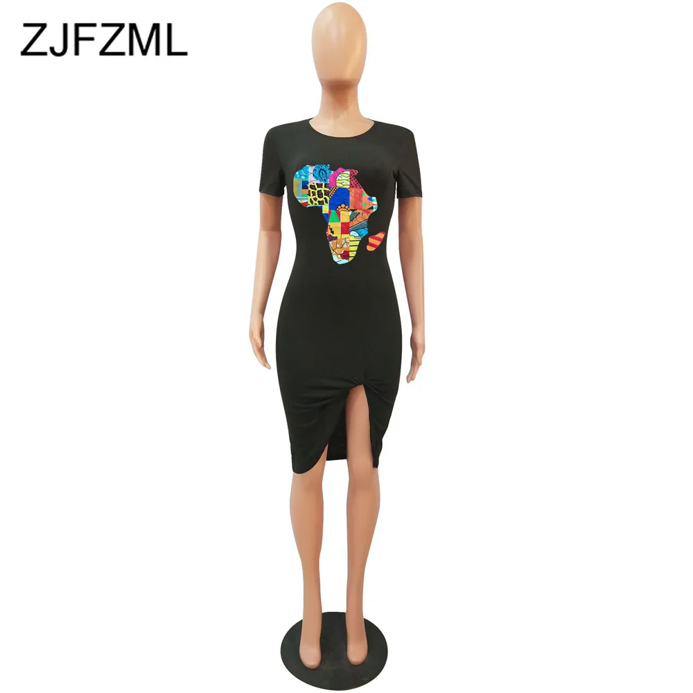 

African Map Print Vintage T Shirt Midi Dress Women Round Neck Short Sleeve Bodycon Dress Summer High Waist High Split Robe Femme