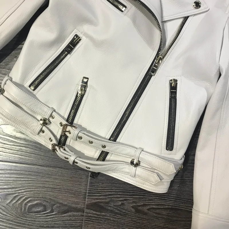 

Spring White Luxury Sheepskin Real Leather Jacket Women Slim Fit Jaqueta De Couro Buckle Motor Biker Lady Windbreaker Coat