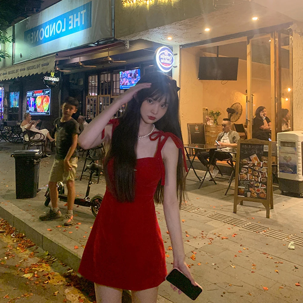 

Red Mini Dresses Women Bandage Spaghetti Strap Summer Fashion Vintage Ins Streetwear All-match Sexy A-line Design Casual Vestido
