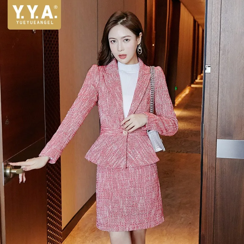 

Fashion Tweed Women Mini-Skirt Suits Business Long Sleeve Slim Fit Jackets Female Autumn Winter Pink Elegant Two Piece Sets