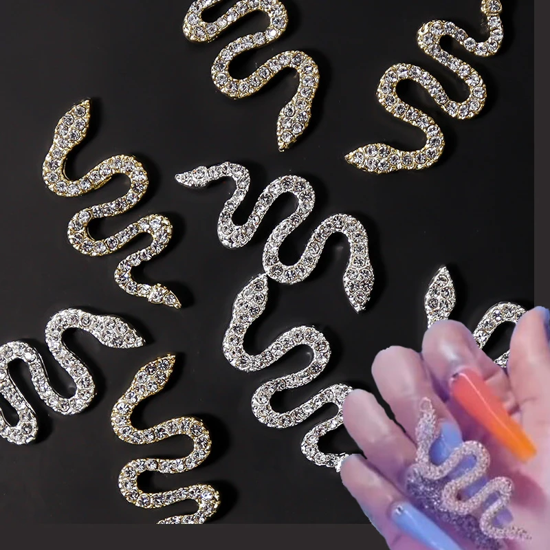 100Pcs Retro Snake Wave Nail Charms With Zircon 30X13mm Gold/Silver Metal Snake Stone Alloy Nail Art Decorations In 1Pack