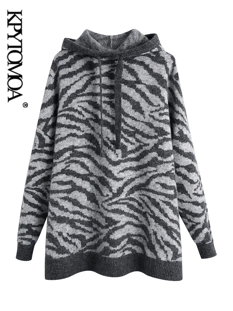 

KPYTOMOA Women Fashion Animal Jacquard Loose Knit Hooded Sweater Vintage Long Sleeve Side Vents Female Pullovers Chic Tops