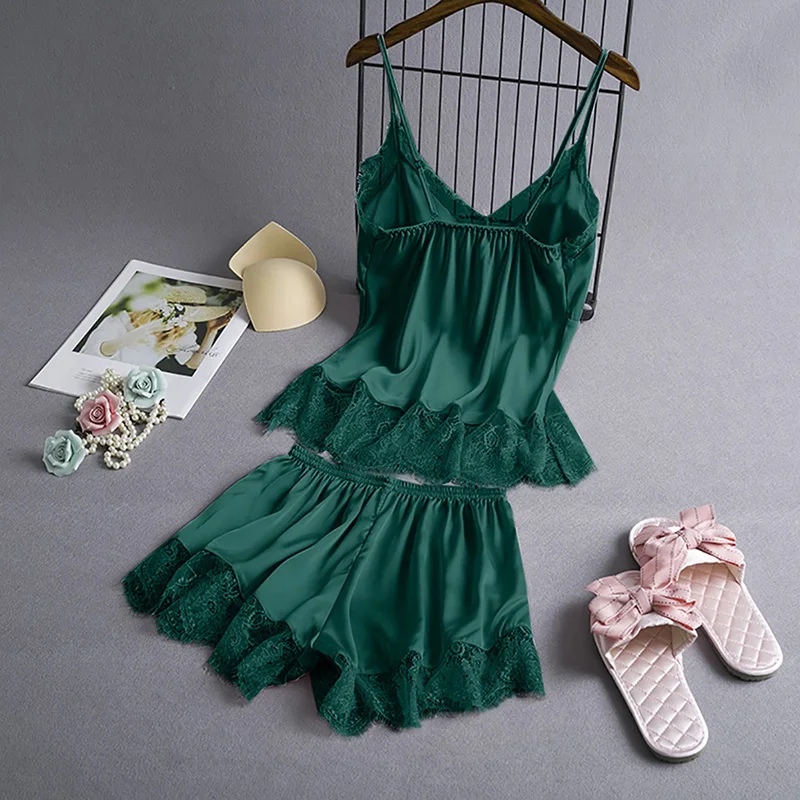 

Sexy Satin Lace Women's Pajama Set Sleeveless Faux Silk Lingerie Set Sleepwear Two Piece Set Home Wear Nightwear