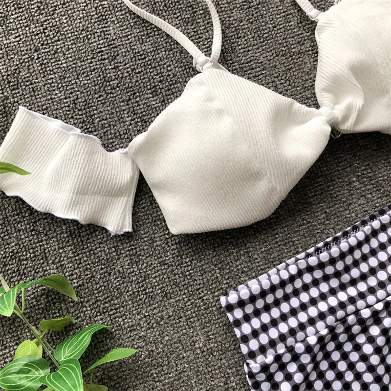 Пикантные Ретро черный белый цвет плед бандо ребристые Высокая талия купальник