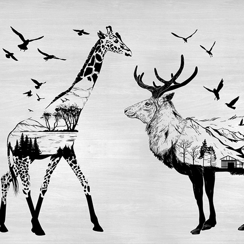 3D фотообои на заказ черно-белый Лось жираф для детской комнаты спальни гостиной