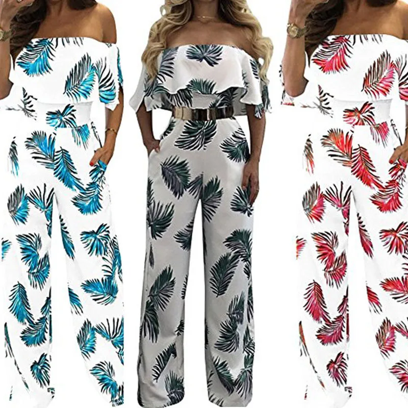 2021 Summer Sexy Off Shouder Short Sleeve Women's Jumpsuits Fashion Casual Solid Plant Print Pocket Elegant Lady Jumpsuit Basic