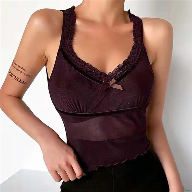

Bodycon Gothic Summer Women Tank Top Lace Sexy Sleeveless Pleated Patchwork Camis Transparant Mesh V-Neck Crop Top