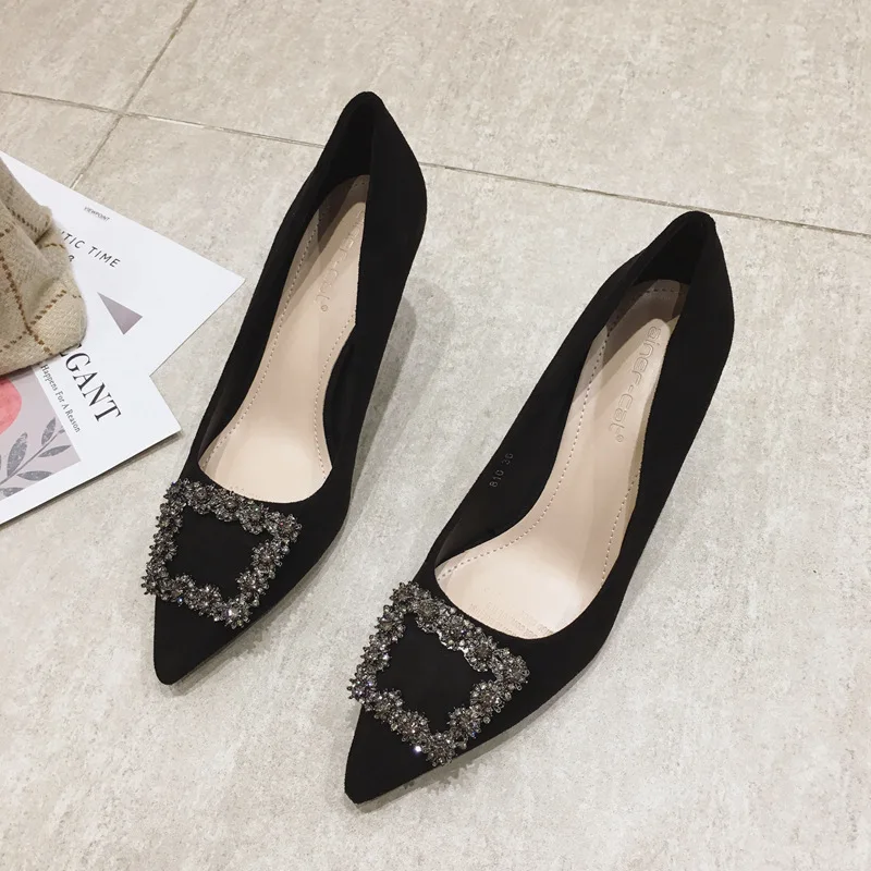 

micro diamond high heeled shoes women's thin heel spring and autumn 2019 new fashion versatile shallow size single shoes