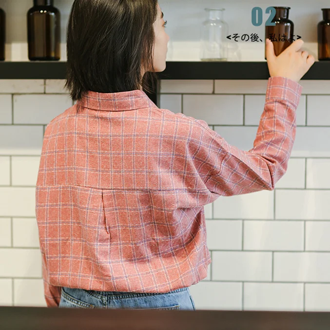 

Women Shirts Spring 2020 Korean Style Casual Loose Plaid Pocket Turn Down Collar Long Sleeve Blouse Ladies Tops Pink T419