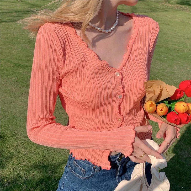 

Женский милый вязаный однотонный кардиган с длинными рукавами и V-образным вырезом Новинка весна-осень корейские универсальные короткие фи...