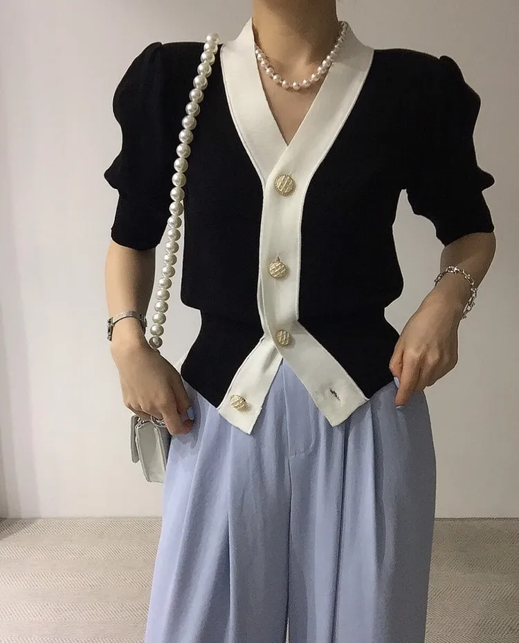 

2021 Summer Korean Chic Elegant Women Knitwear Contrast Side Single-Breasted Knitted Sweater Puff Sleeve Cardigan Jacket 4 Color