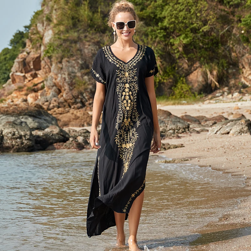

Oversize black Embroidery V-neck Short Sleeve Summer Beach Dress Plus Size Tunic Women Beachwear Batwing Sleeve Long Dress N790