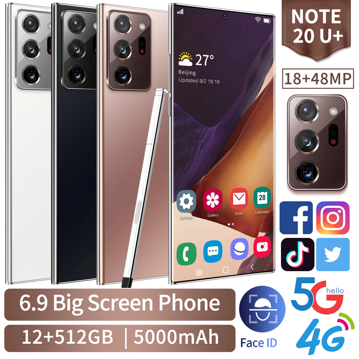 

New Arrival Note 20U+ Cellphone 6.9-Inch HD Screen Smartphon Android 10.0 12GB RAM 512GB ROM Unlocked Dual Sim Mobile Phone