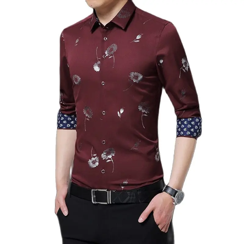 Рубашка мужская деловая с длинным рукавом модная одежда принтом черный синий