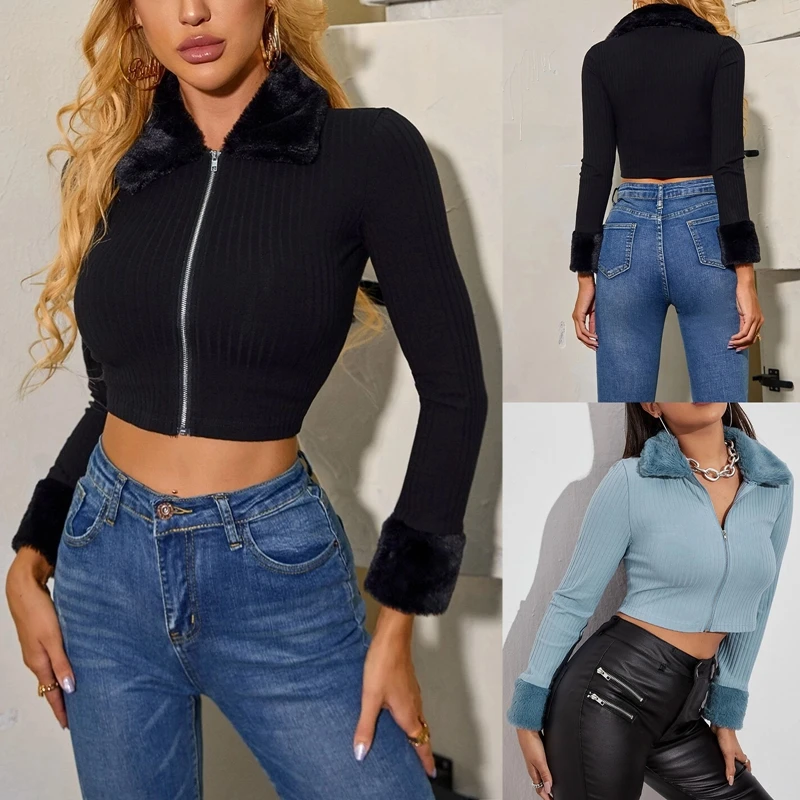 

Women'S Jacket Solid Color Short Long-Sleeved Knitted Jacket Plush Lapel Ribbed Full Zipper Jacket 2021 Autumn All-Match Casual